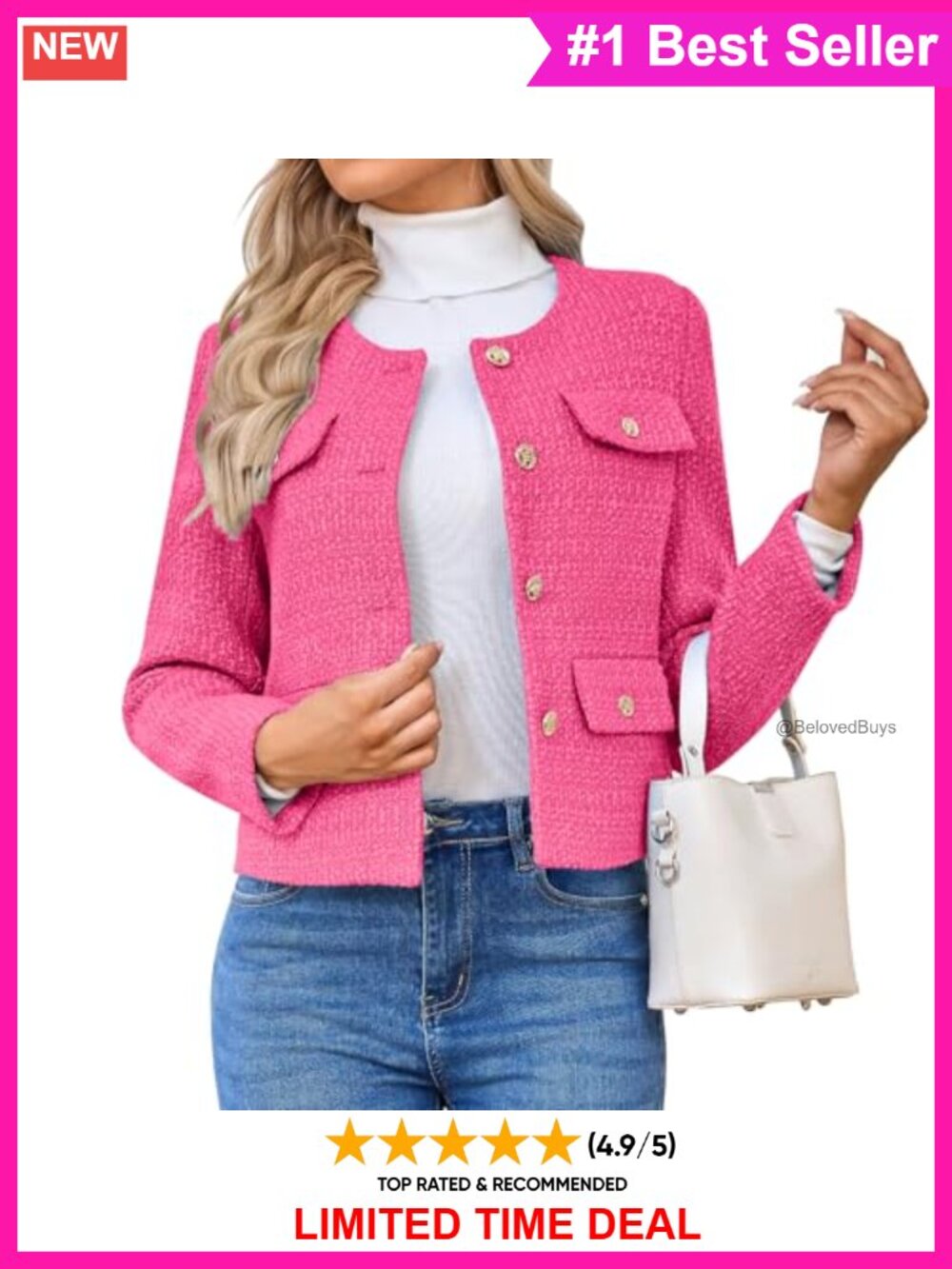 Tweed Blazer Jacket Long Sleeve Button Down Business Casual Cropped Coat